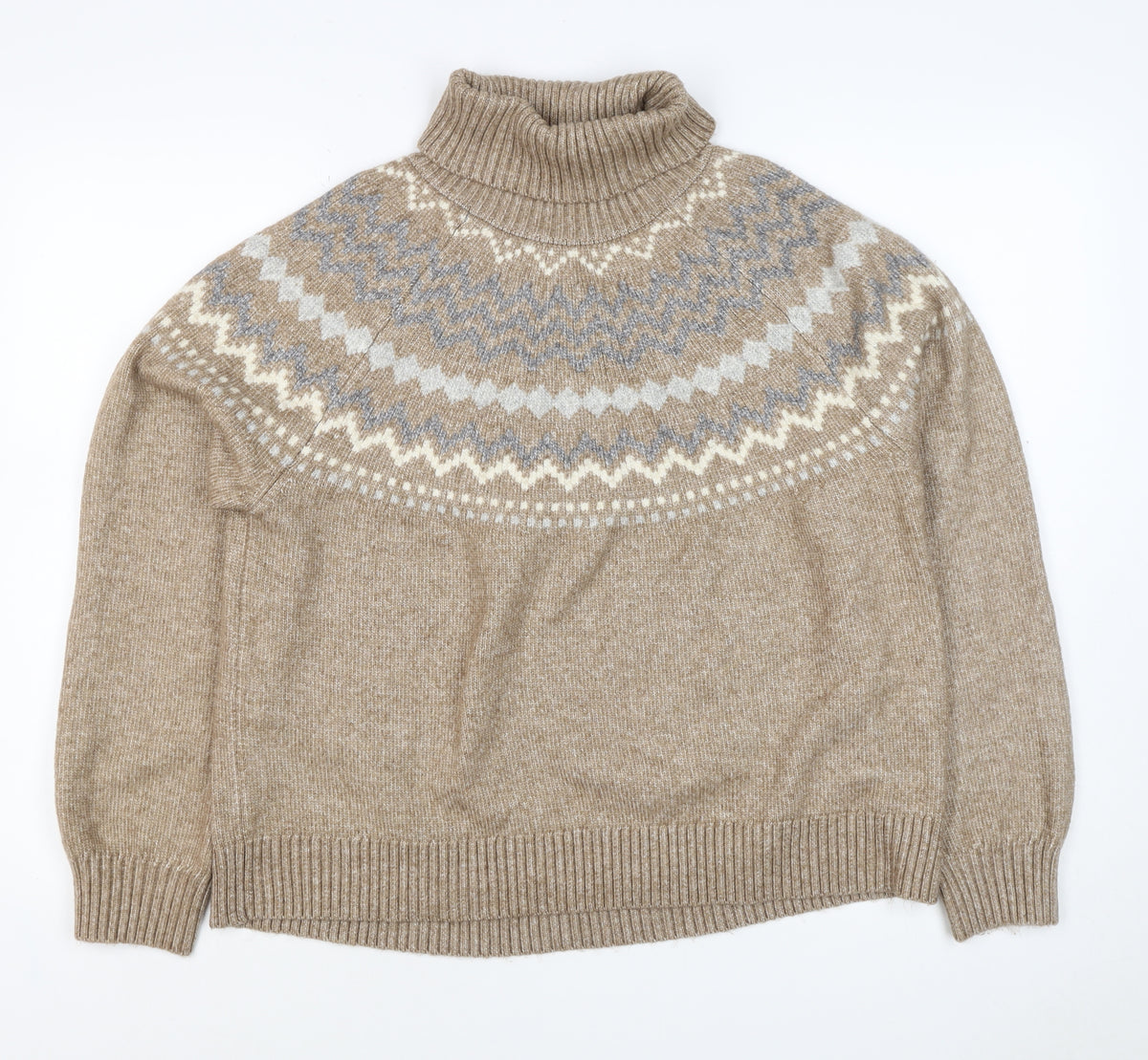 M&S Women’s Beige Fair Isle Roll Neck Knit Jumper Size L
