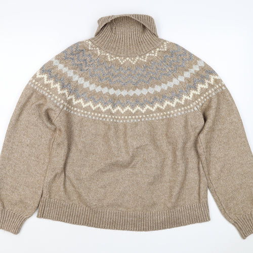 M&S Women’s Beige Fair Isle Roll Neck Knit Jumper Size L