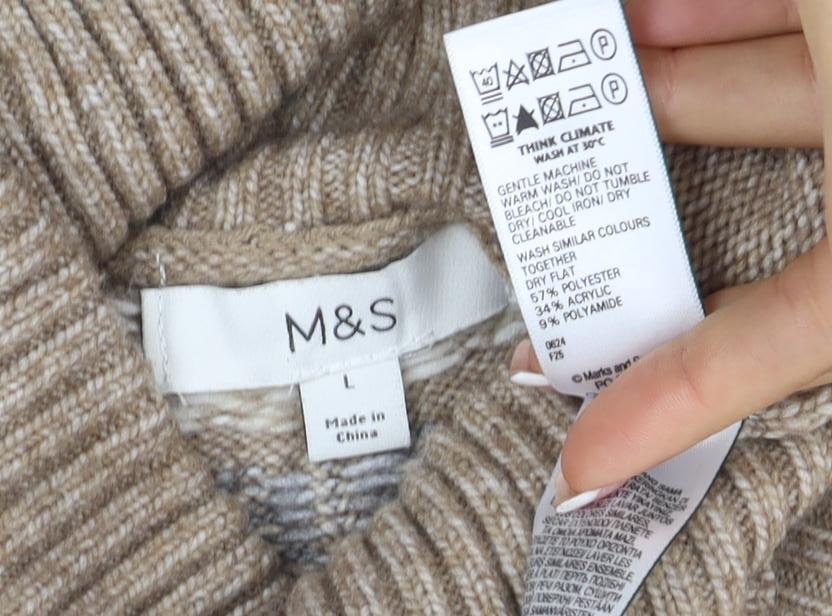 M&S Women’s Beige Fair Isle Roll Neck Knit Jumper Size L