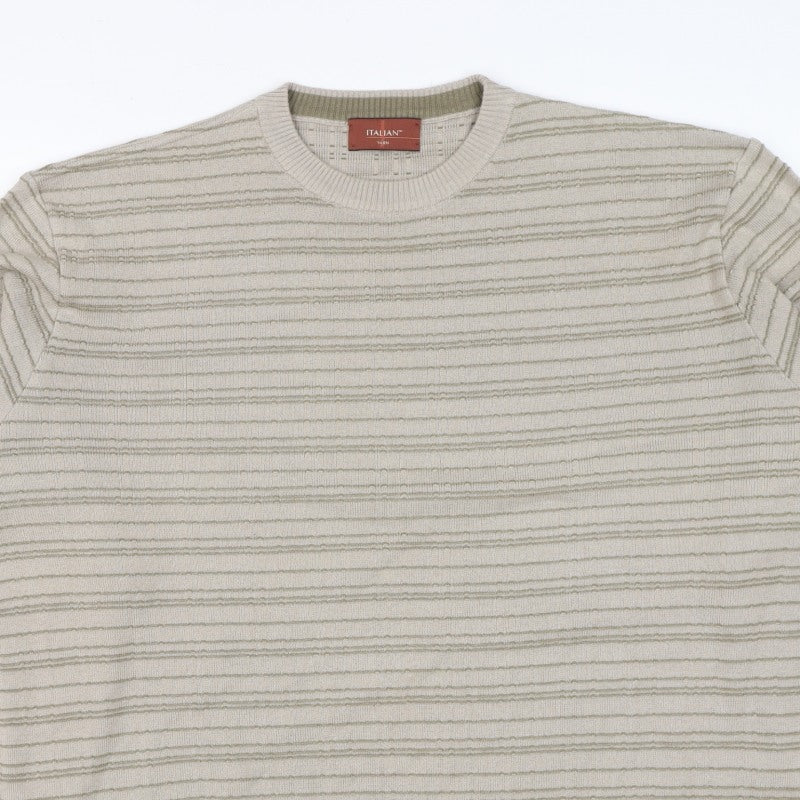 Marks & Spencer Men Beige L Striped Italian Yarn Cotton Pullover Jumper