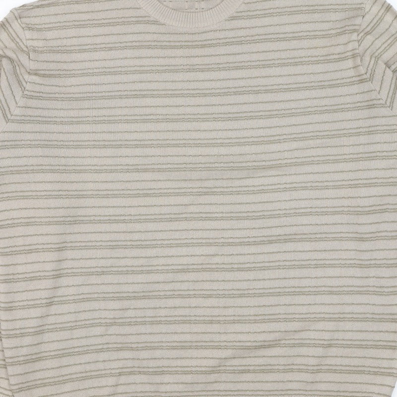 Marks & Spencer Men Beige L Striped Italian Yarn Cotton Pullover Jumper