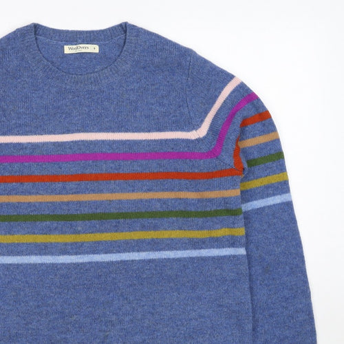 WoolOvers Women’s Blue S Lambswool Striped Crew Neck Pullover Jumper