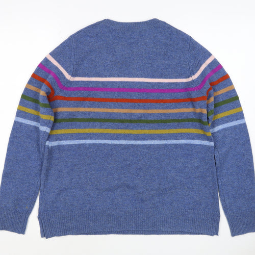 WoolOvers Women’s Blue S Lambswool Striped Crew Neck Pullover Jumper
