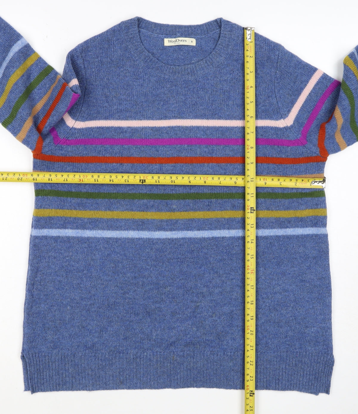 WoolOvers Women’s Blue S Lambswool Striped Crew Neck Pullover Jumper
