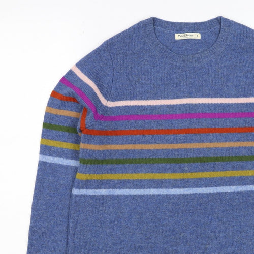 WoolOvers Women’s Blue S Lambswool Striped Crew Neck Pullover Jumper