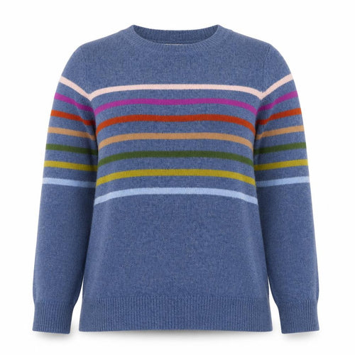 WoolOvers Women’s Blue S Lambswool Striped Crew Neck Pullover Jumper