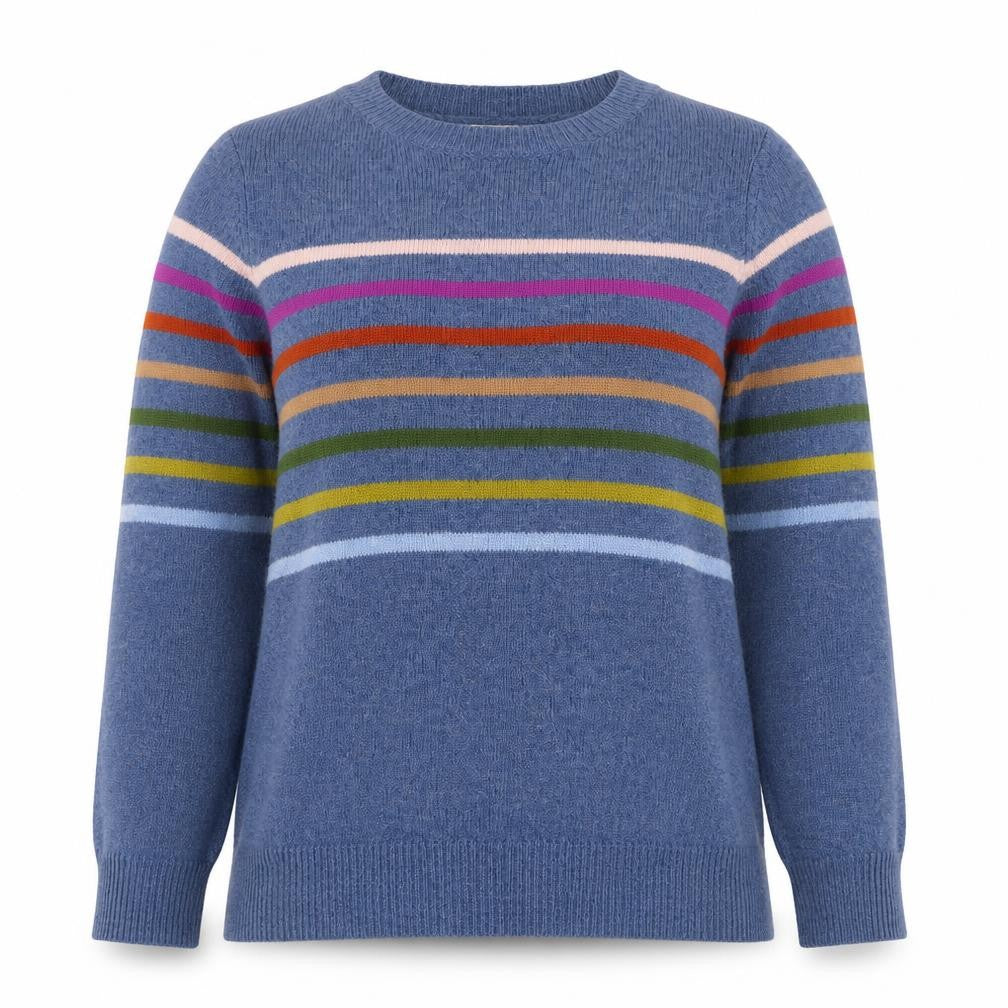 WoolOvers Women’s Blue S Lambswool Striped Crew Neck Pullover Jumper