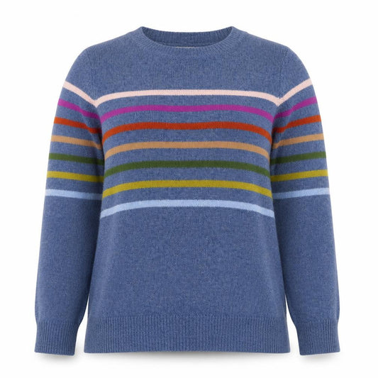 WoolOvers Women’s Blue S Lambswool Striped Crew Neck Pullover Jumper