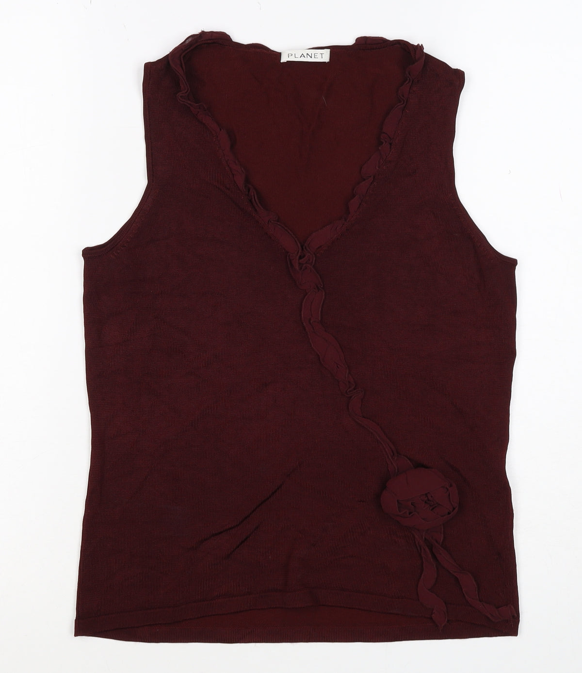 Planet Women Burgundy Size S Sleeveless V-Neck Ruffle Knit Top