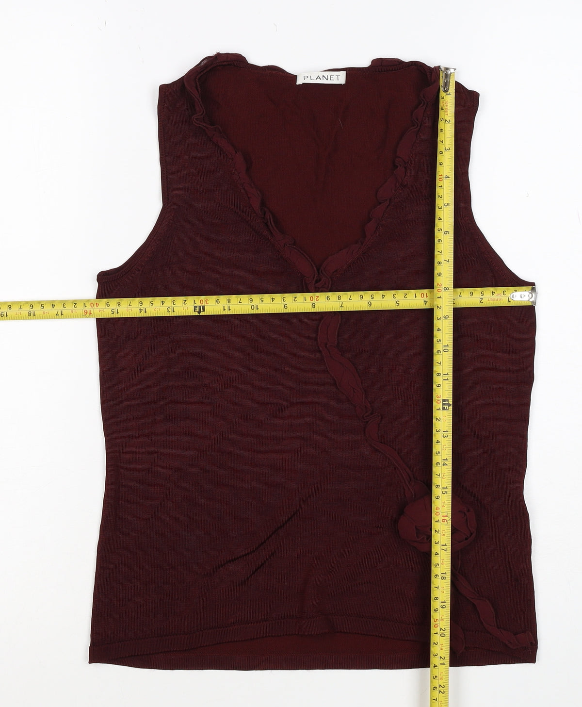 Planet Women Burgundy Size S Sleeveless V-Neck Ruffle Knit Top