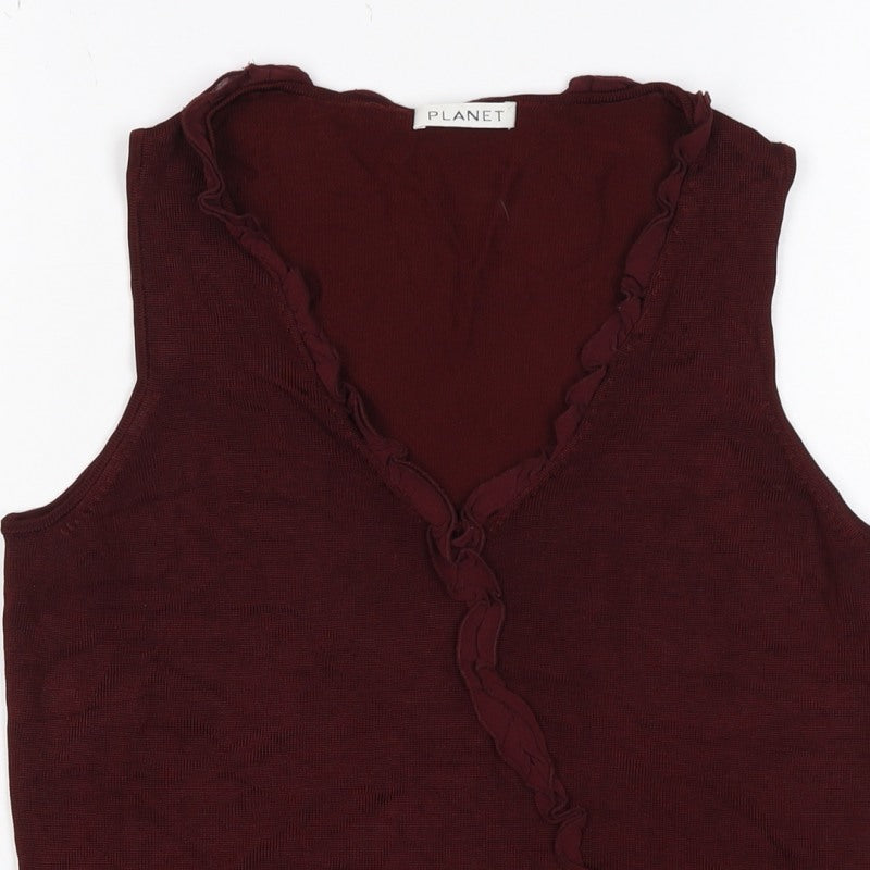 Planet Women Burgundy Size S Sleeveless V-Neck Ruffle Knit Top