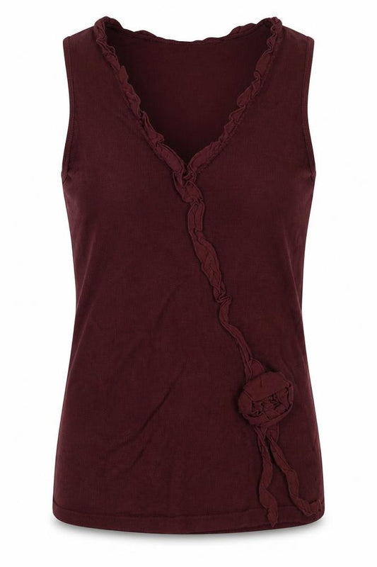 Front view of Planet Women Burgundy, size S, Sleeveless V-Neck Ruffle Knit Top