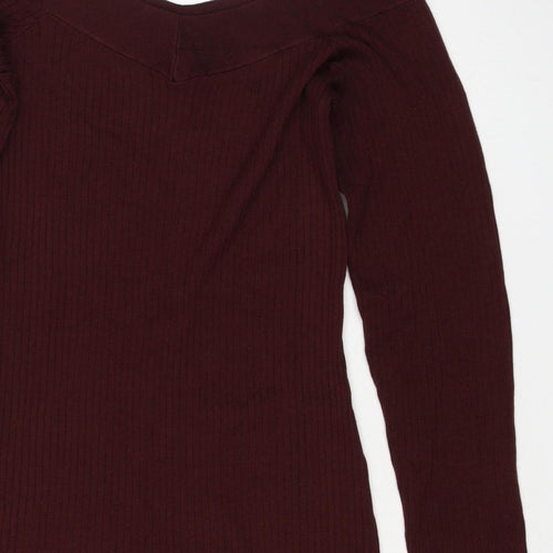 Bershka Women Burgundy M Off Shoulder Ribbed Knit Midi Bodycon Dress