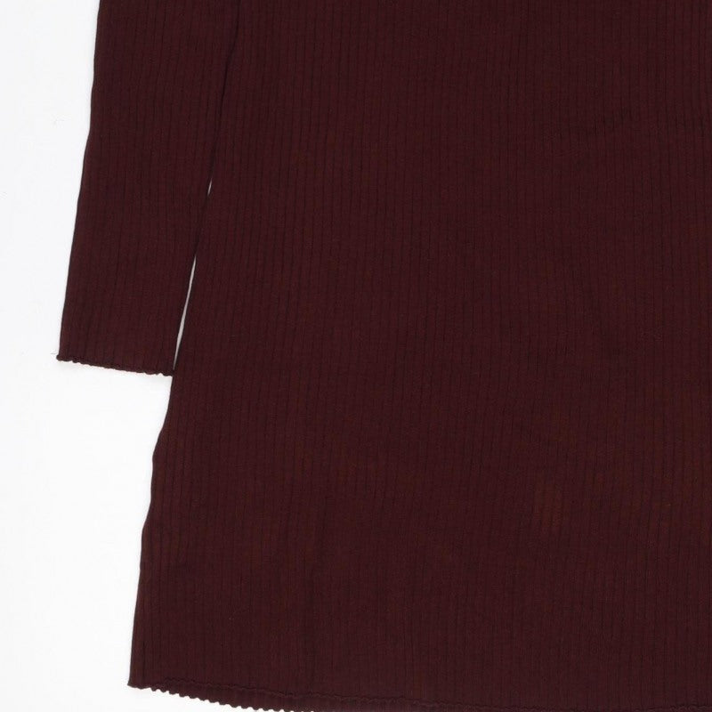 Bershka Women Burgundy M Off Shoulder Ribbed Knit Midi Bodycon Dress