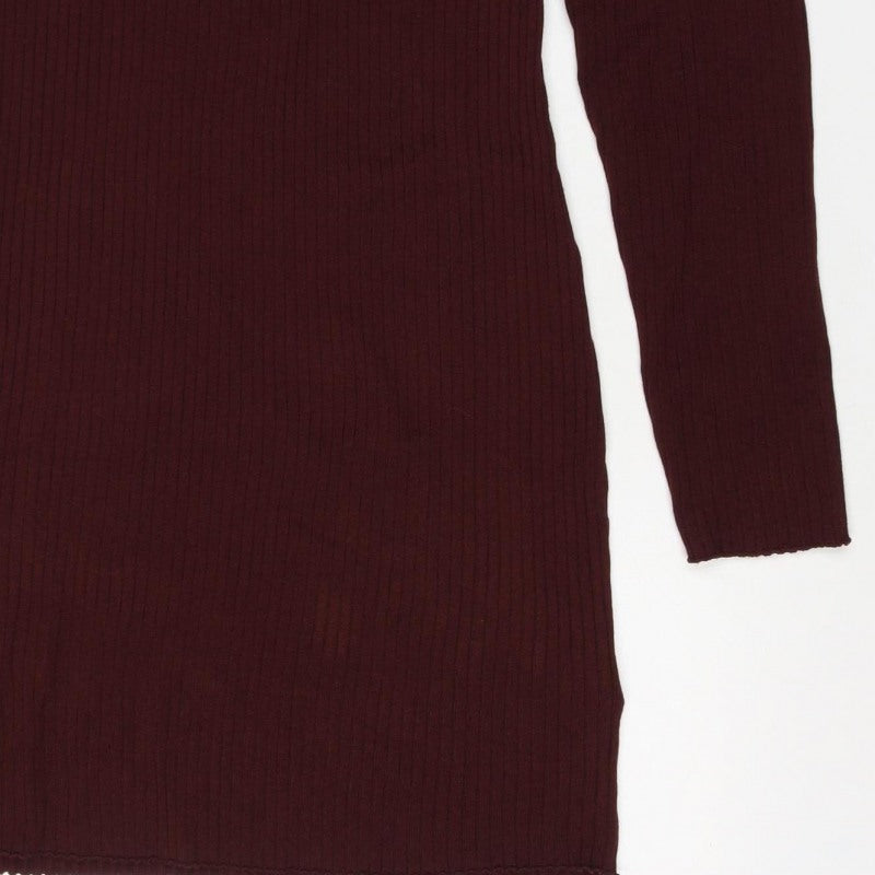 Bershka Women Burgundy M Off Shoulder Ribbed Knit Midi Bodycon Dress
