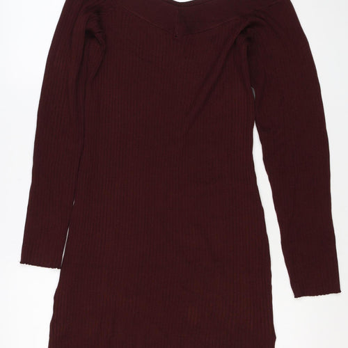 Bershka Women Burgundy M Off Shoulder Ribbed Knit Midi Bodycon Dress