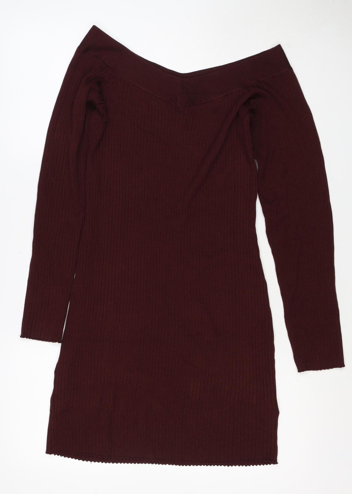 Bershka Women Burgundy M Off Shoulder Ribbed Knit Midi Bodycon Dress