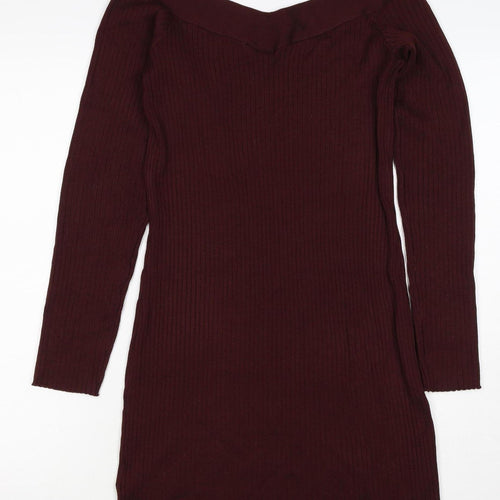 Bershka Women Burgundy M Off Shoulder Ribbed Knit Midi Bodycon Dress
