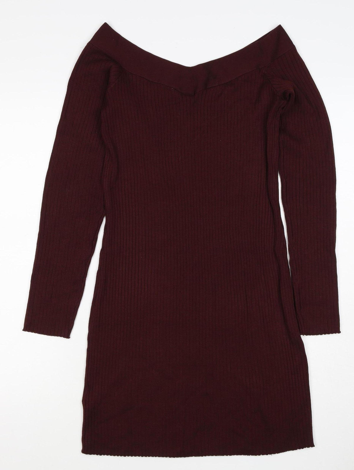 Bershka Women Burgundy M Off Shoulder Ribbed Knit Midi Bodycon Dress