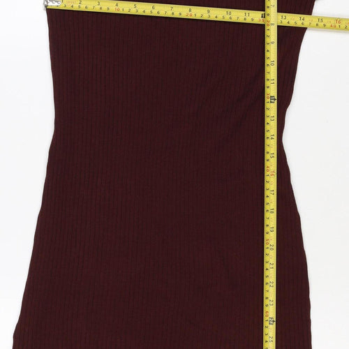 Bershka Women Burgundy M Off Shoulder Ribbed Knit Midi Bodycon Dress