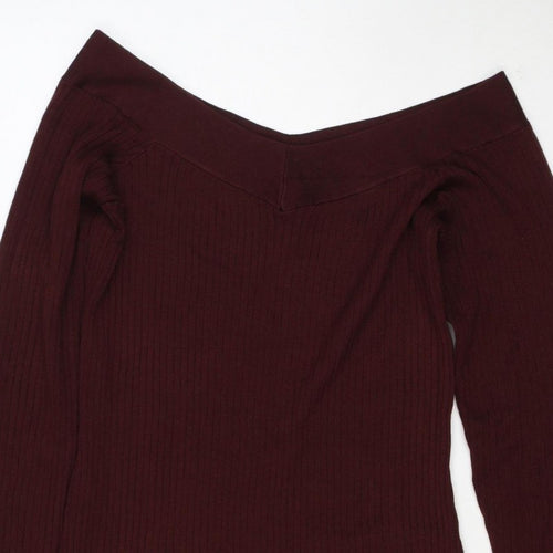 Bershka Women Burgundy M Off Shoulder Ribbed Knit Midi Bodycon Dress