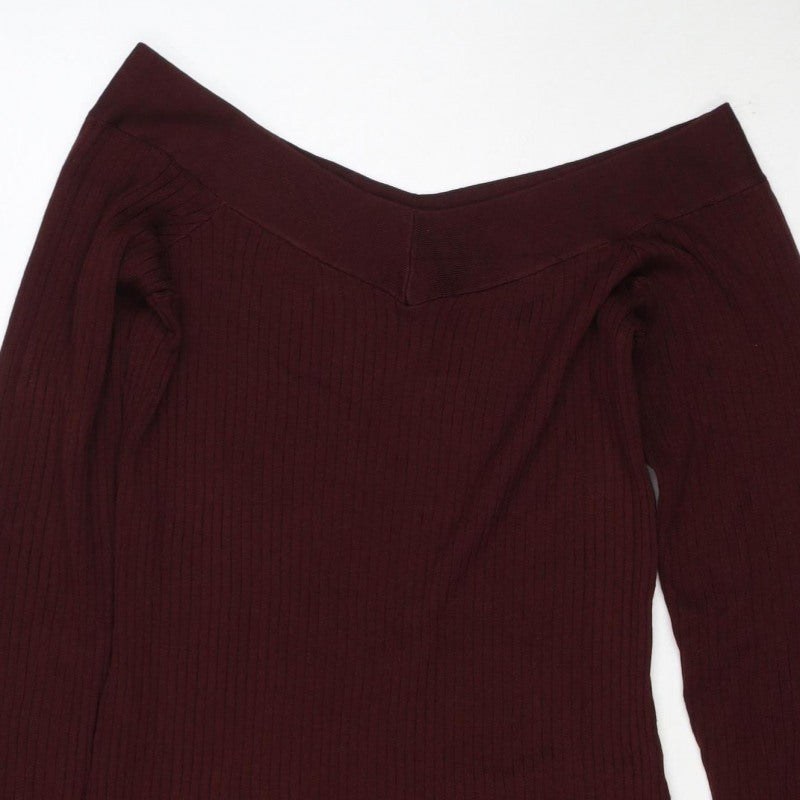 Bershka Women Burgundy M Off Shoulder Ribbed Knit Midi Bodycon Dress
