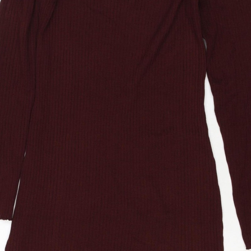 Bershka Women Burgundy M Off Shoulder Ribbed Knit Midi Bodycon Dress