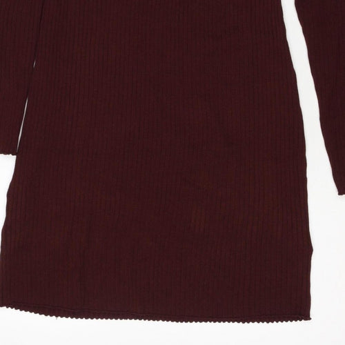 Bershka Women Burgundy M Off Shoulder Ribbed Knit Midi Bodycon Dress