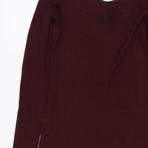 Bershka Women Burgundy M Off Shoulder Ribbed Knit Midi Bodycon Dress