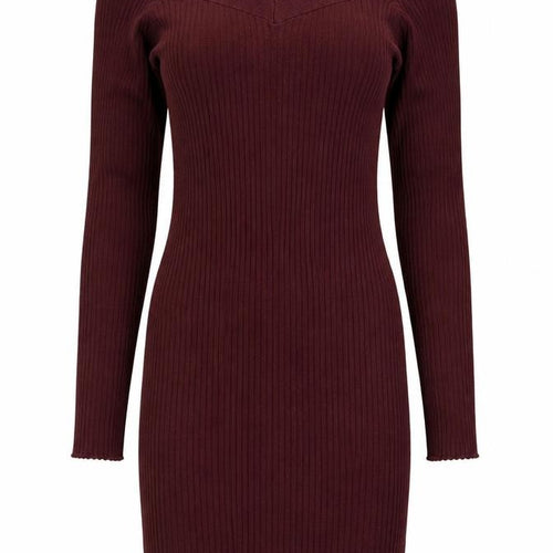 Bershka Women Burgundy M Off Shoulder Ribbed Knit Midi Bodycon Dress