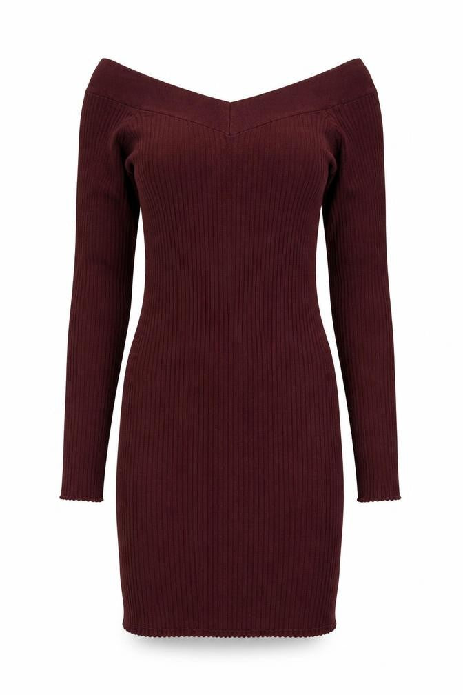 Bershka Women Burgundy M Off Shoulder Ribbed Knit Midi Bodycon Dress
