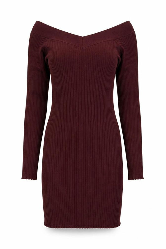 Front view of Bershka Women Burgundy M Off Shoulder Ribbed Knit Midi Bodycon Dress