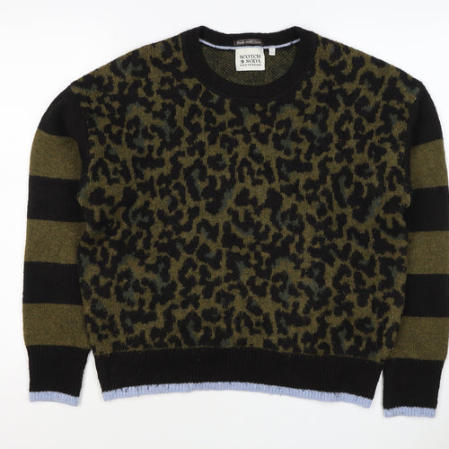Scotch & Soda Women Green Leopard Print S Crew Neck Jumper Knit