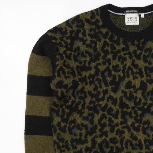 Scotch & Soda Women Green Leopard Print S Crew Neck Jumper Knit