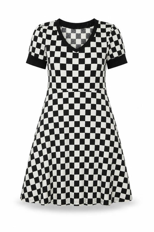 Front view of Coco Kisses Women Black White XL Asymmetric Check Knit Jumper Dress