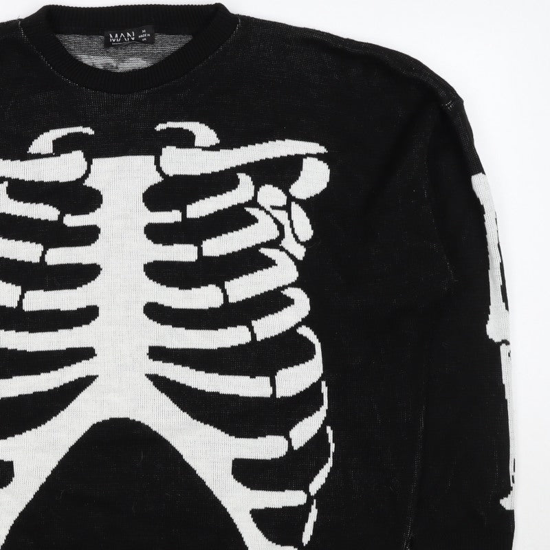 Man Avan Men’s Black M Skull Gothic Graphic Knit Crew Neck Jumper