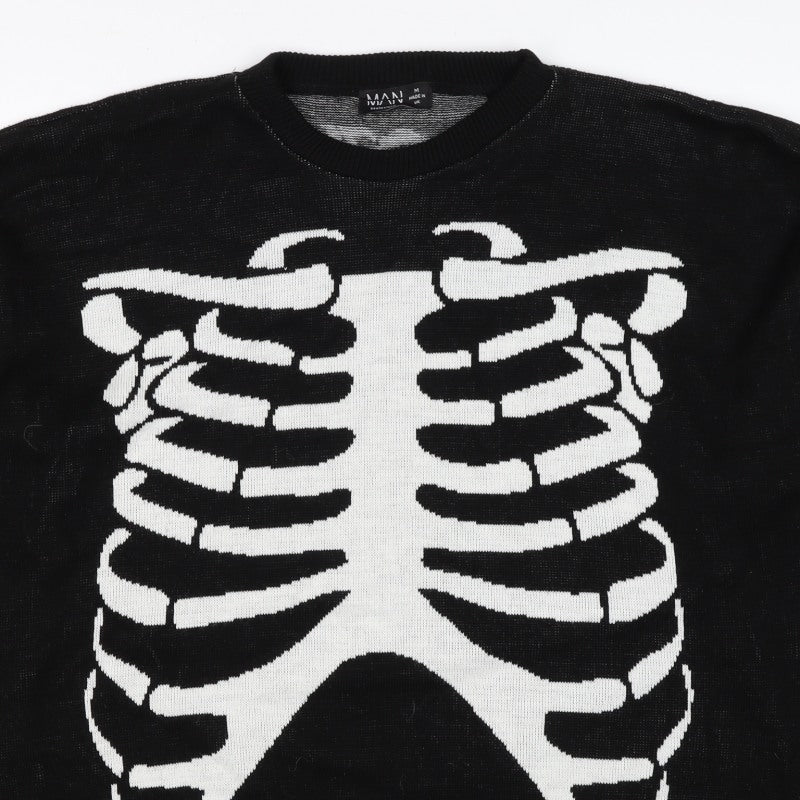 Man Avan Men’s Black M Skull Gothic Graphic Knit Crew Neck Jumper