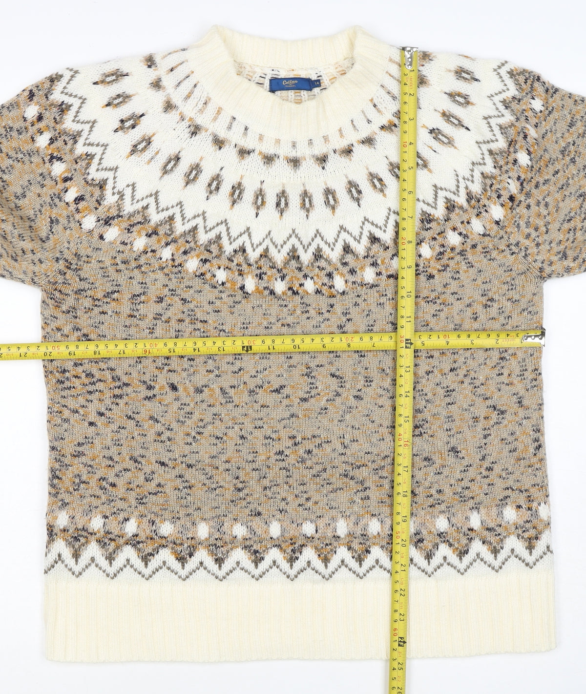 Cotton Traders Women Beige UK 14 Fair Isle Acrylic Knit Jumper