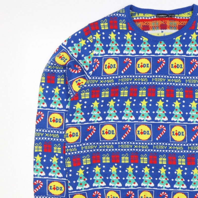 Livergy Men Blue L Lidl Christmas Graphic Knit Pullover Jumper