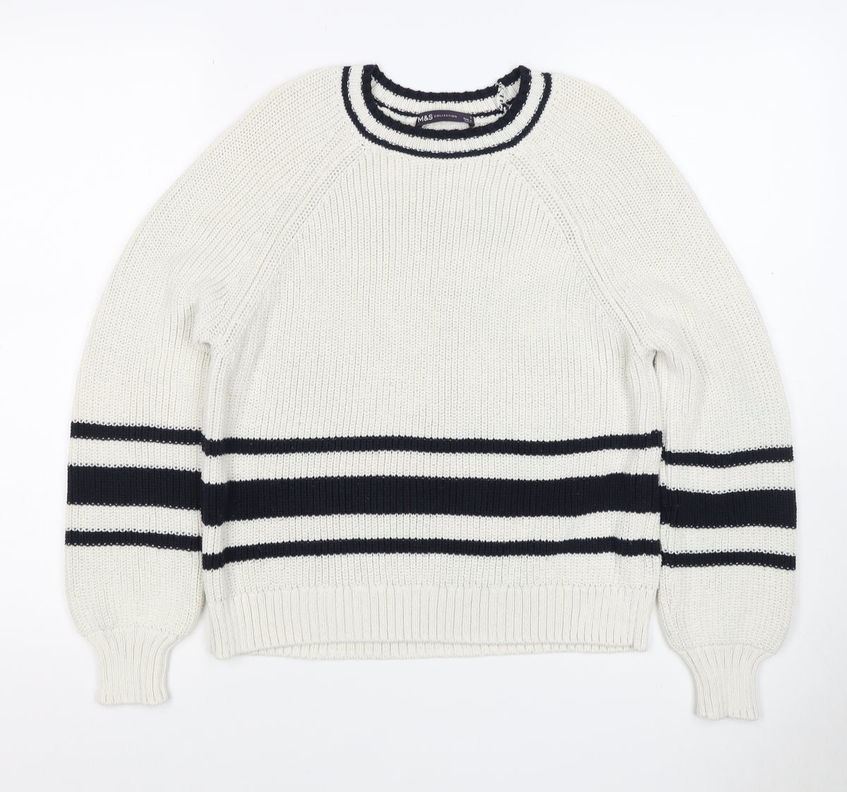 Marks and Spencer Women White Navy Stripe Chunky Knit Jumper Size S