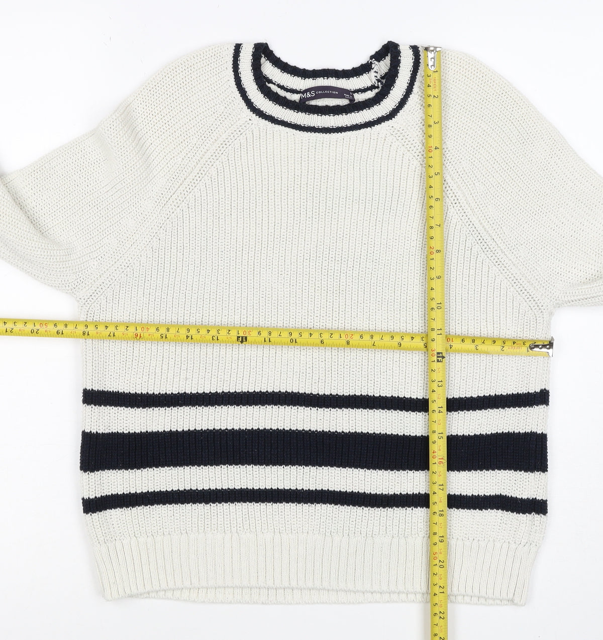 Marks and Spencer Women White Navy Stripe Chunky Knit Jumper Size S