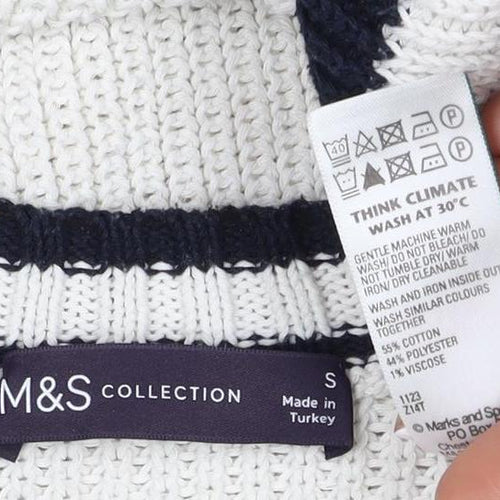 Marks and Spencer Women White Navy Stripe Chunky Knit Jumper Size S