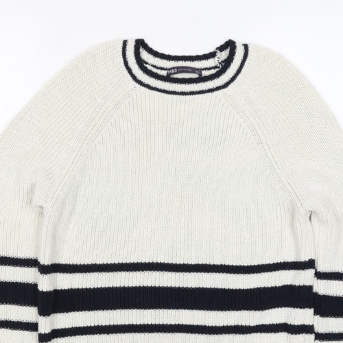 Marks and Spencer Women White Navy Stripe Chunky Knit Jumper Size S