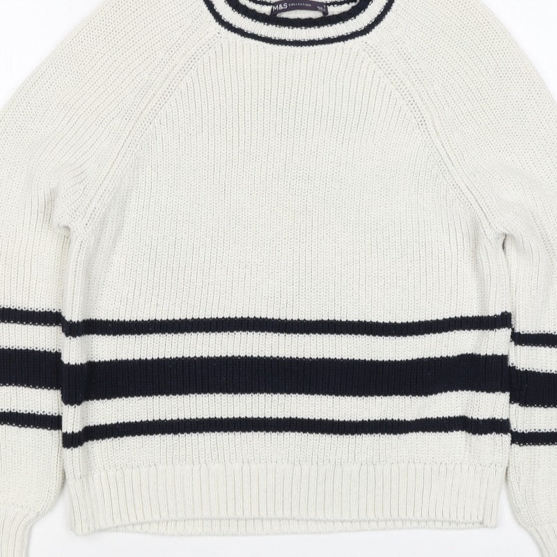 Marks and Spencer Women White Navy Stripe Chunky Knit Jumper Size S