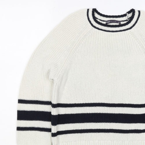 Marks and Spencer Women White Navy Stripe Chunky Knit Jumper Size S