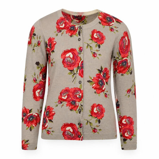 Boden Women Beige Red Floral Wool Cardigan UK 10 Long Sleeve Button Knit