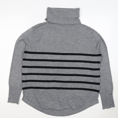 French Connection Women Grey Black Striped Roll Neck Jumper L Cashmere