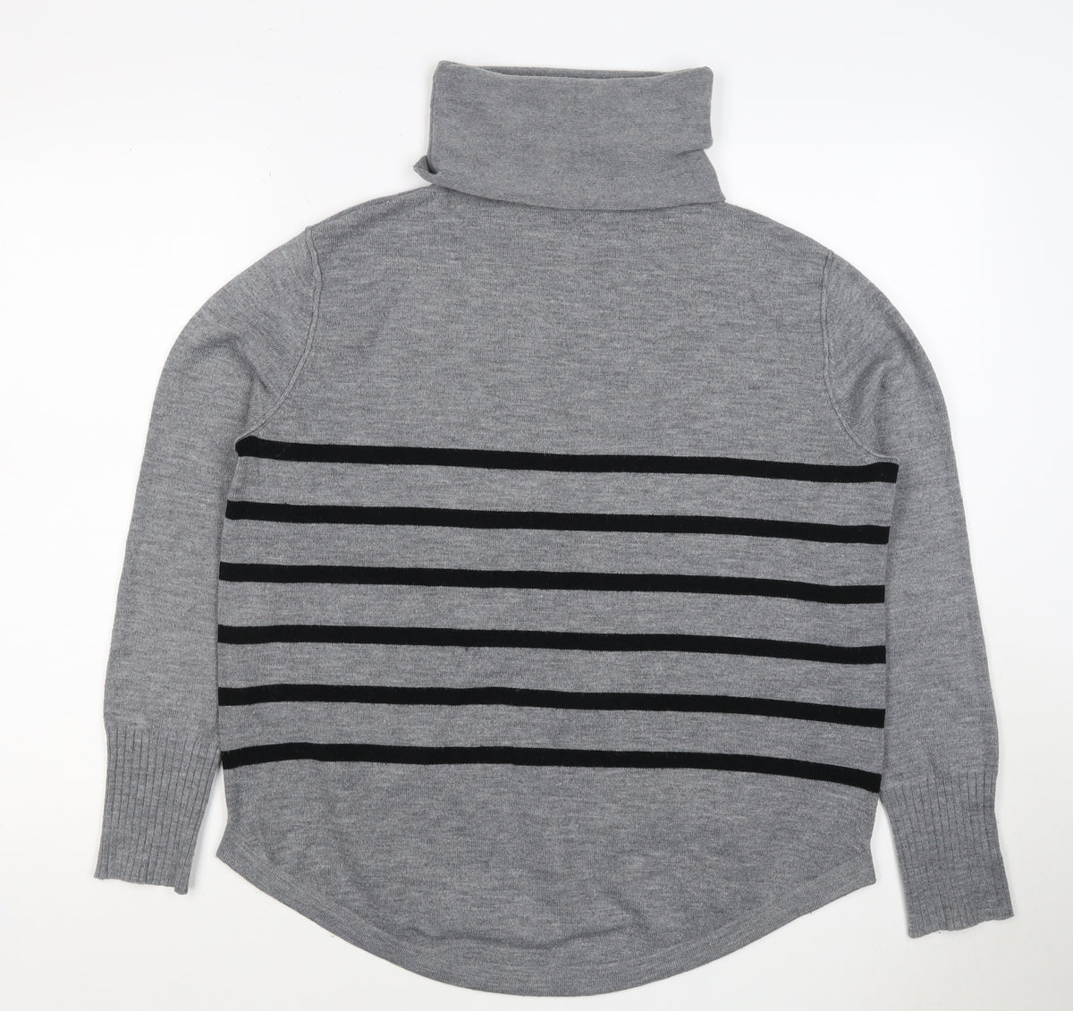 French Connection Women Grey Black Striped Roll Neck Jumper L Cashmere