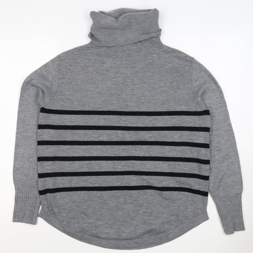 French Connection Women Grey Black Striped Roll Neck Jumper L Cashmere