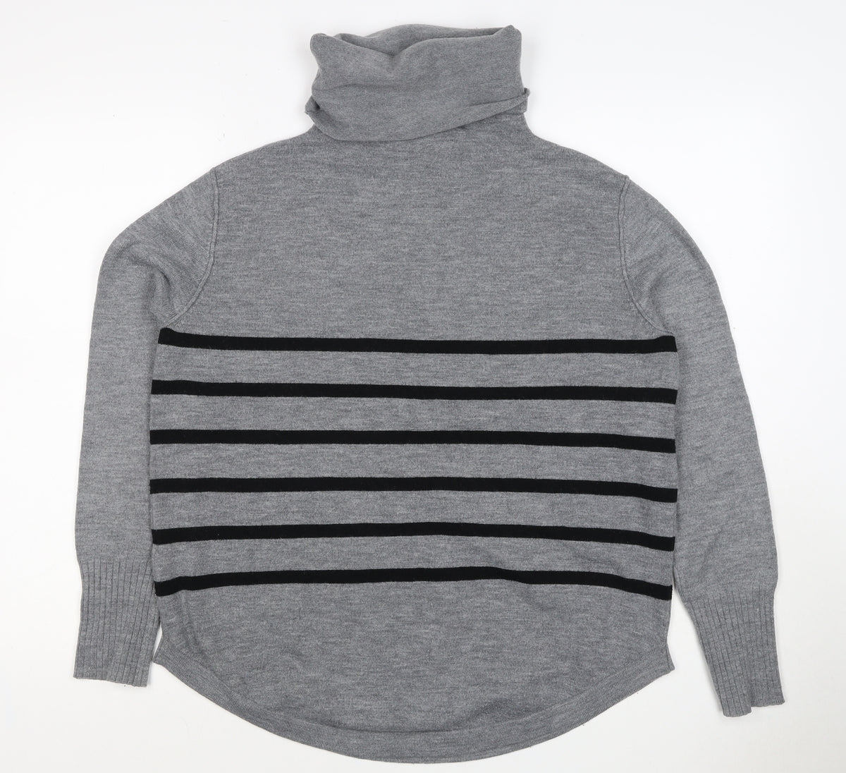 French Connection Women Grey Black Striped Roll Neck Jumper L Cashmere